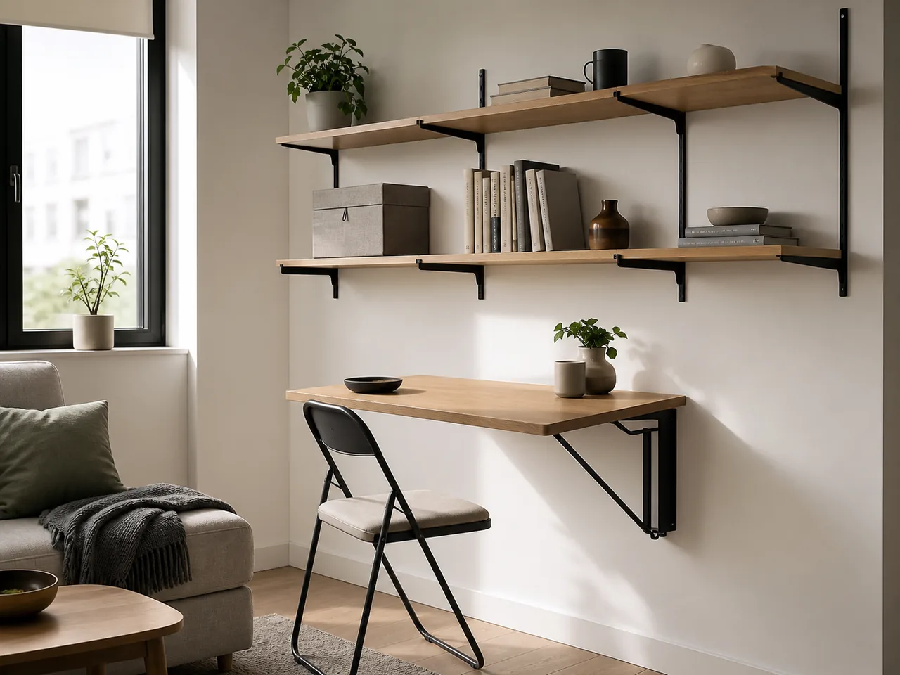 Rangements muraux et table rabattable dans un petit studio