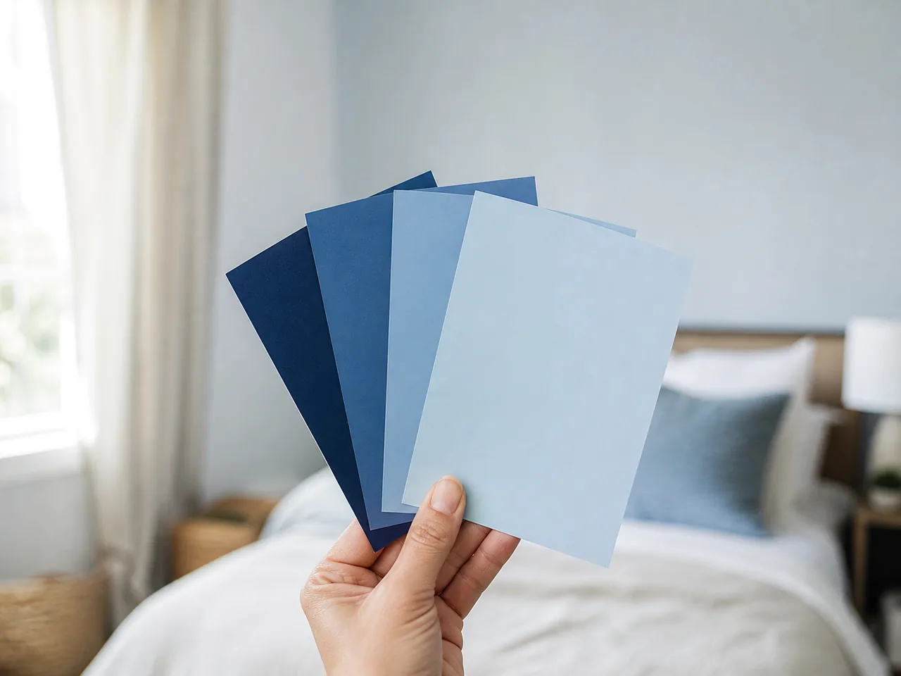 Nuanciers bleus comparés sur un mur de chambre lumineux