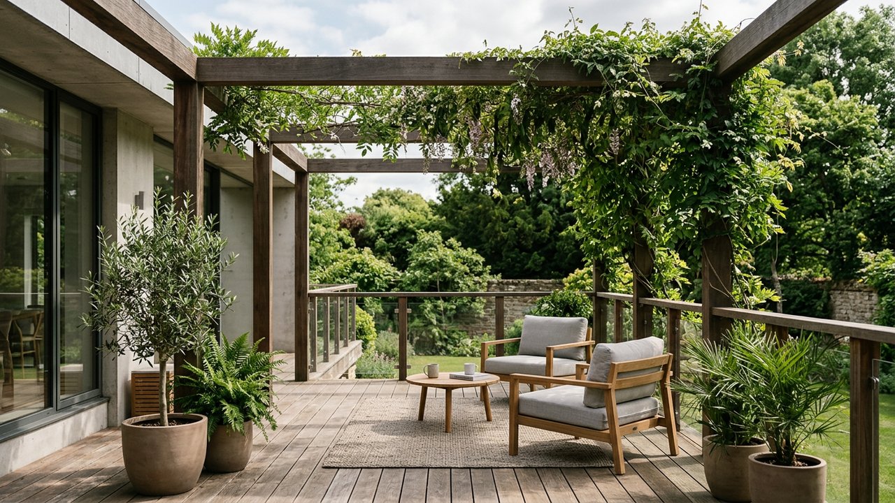 Pergola en bois avec plantes grimpantes pour cacher une terrasse des voisins