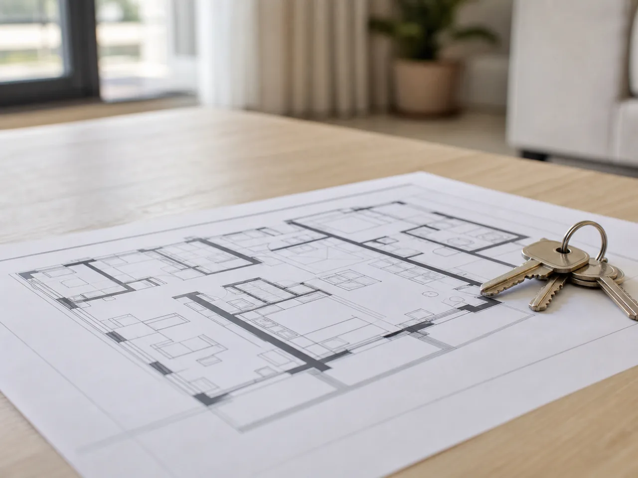 Plans et clés sur une table pour un projet de réunion d'appartements