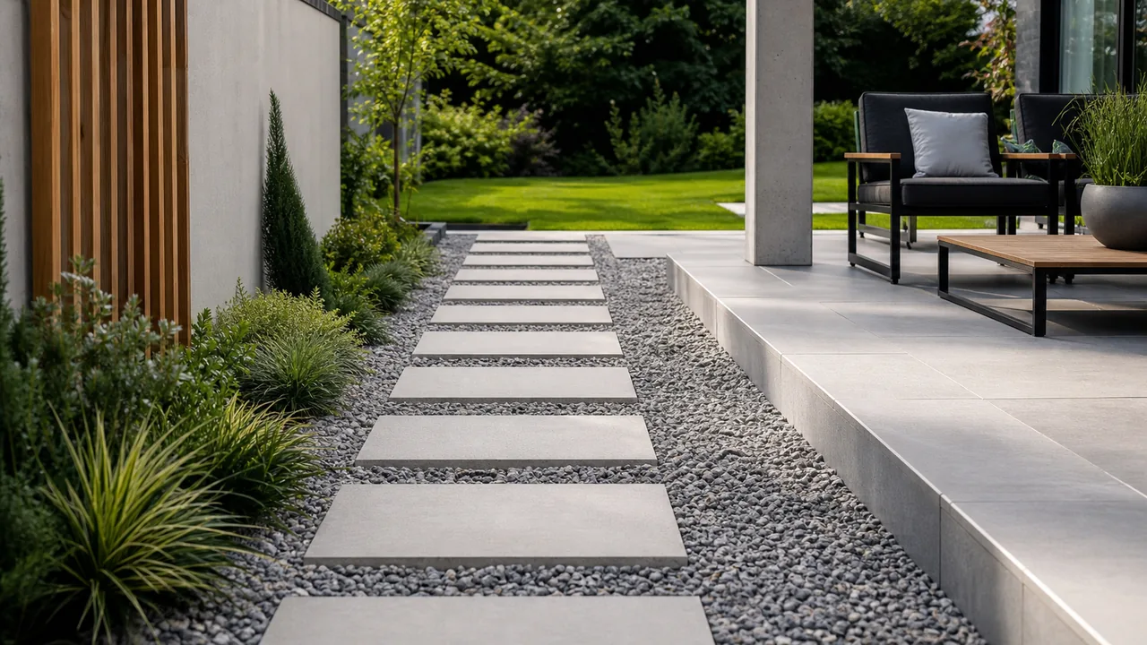 Allée de jardin avec dalles gravillonnées posées régulièrement