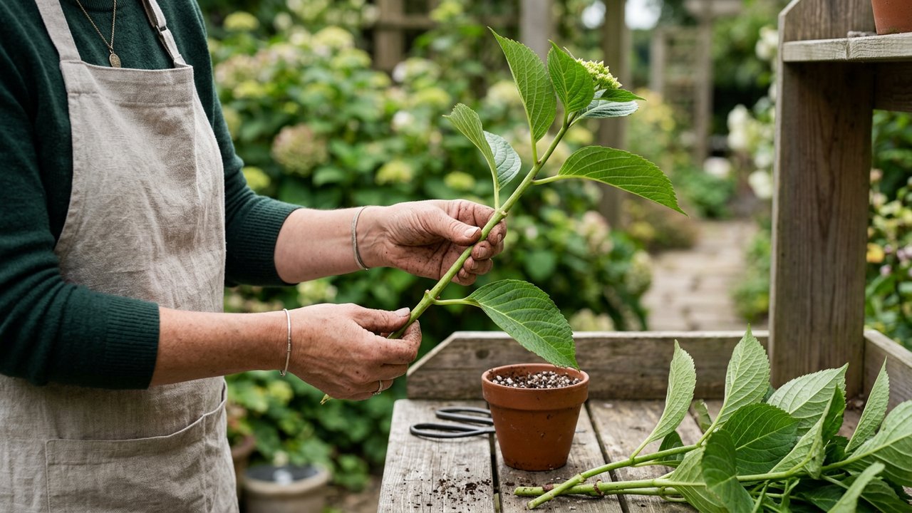 Préparation d'une bouture d'hortensia avec suppression des feuilles