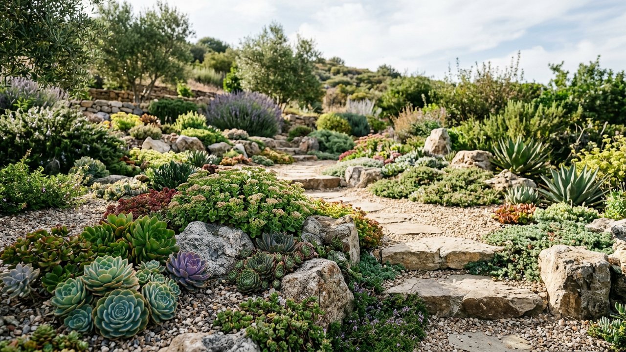 Rocaille ensoleillée avec plantes résistantes à la sécheresse et succulentes