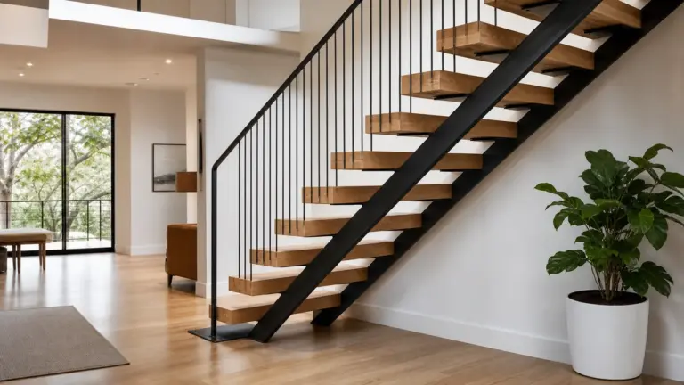 Escalier ouvert moderne avec garde-corps discret dans une maison lumineuse