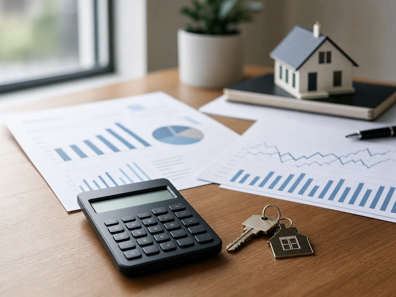 Documents de prêt immobilier avec calculatrice et clés sur un bureau