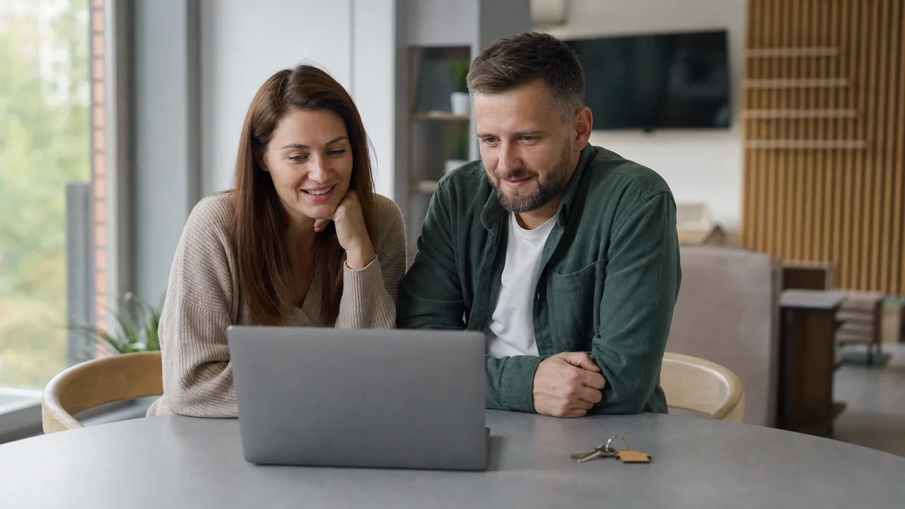Couple comparant une simulation de prêt immobilier avec des clés