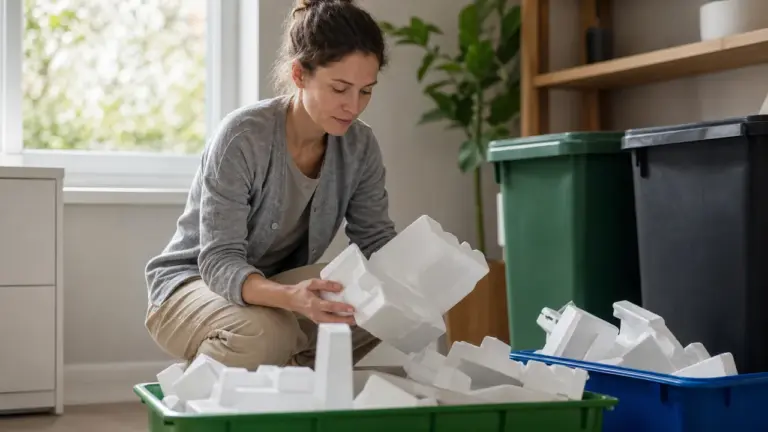 Emballages en polystyrène triés près de bacs de collecte