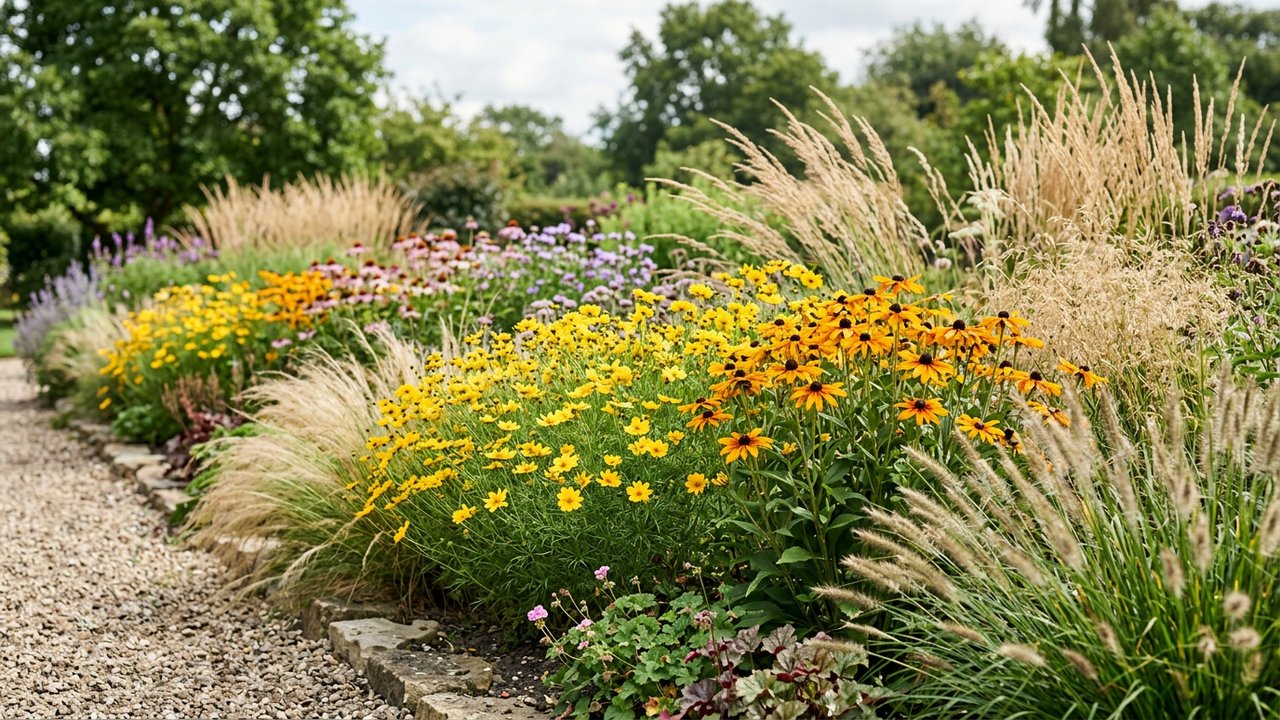 Massif de vivaces fleuries en plein soleil avec coréopsis et graminées